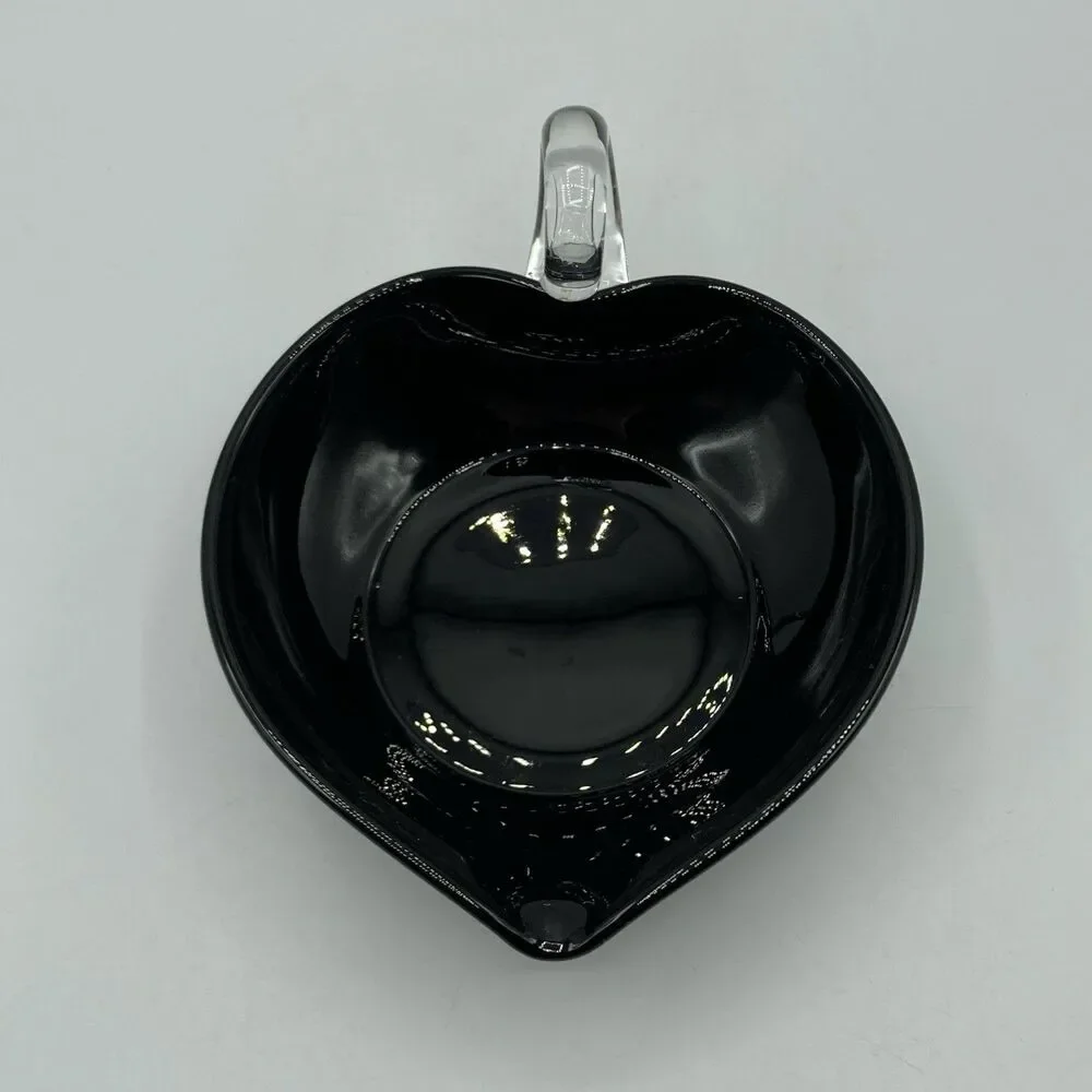 Vtg Black Glass Heart Candy Trinket Nappy Dish Applied Clear Loop Handle 6.25”